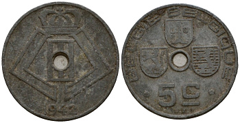 Бельгия 5 сантимов 1942 Belgie - Belgique KM 124 цинк 4602-137