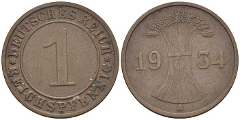 ГЕРМАНИЯ 1 РЕЙХСПФЕННИГ 1934 A KM 37, J. 313, Weege 2 бронза 211-125