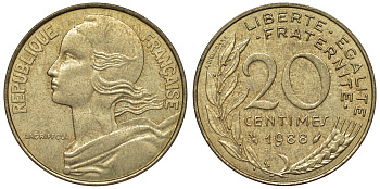 Франция 20 сантимов 1988 тип Marianne KM 930, Le Franc 156.28 медь алюминий никель 4128-234