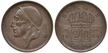 БЕЛЬГИЯ 20 САНТИМОВ 1954 BELGIE KM 147.1 бронза 72-357