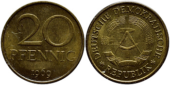 ГДР 20 пфеннигов 1969 А, первый год KM 11 латунь UNC 4398-1123