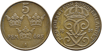 Швеция 5 эре 1937 Густав V (1907-1950) KM 779.2 бронза 4394-934