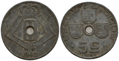 Бельгия 5 сантимов 1942 Belgie - Belgique KM 124 цинк 4602-137