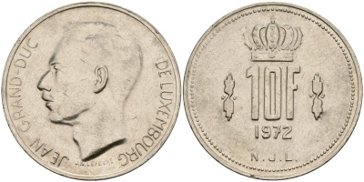 Люксембург 10 франков 1972 Великий герцог Жан (1964-2000) KM 57 никель 4120-1142