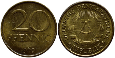 ГДР 20 пфеннигов 1969 А, первый год KM 11 латунь UNC 4398-1123