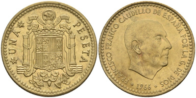 Испания 1 песета 1966 (74) Франсиско Франко (1939-1975) KM 796 алюминиевая бронза 4604-143