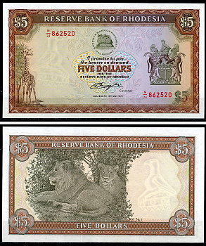 Родезия 5 долларов 1979 жираф, лев Pick 40  бумага  UNC (пресс) 451-997-1