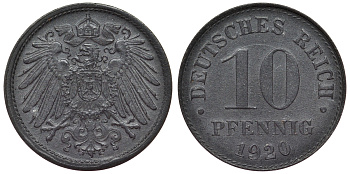 Германия 10 пфеннигов 1920 KM 26, J. 299, Weege 8 цинк 4119-256