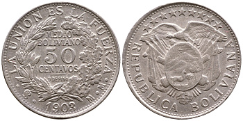 Боливия 50 сентаво 1903 MM KM 175.1 серебро 00-00