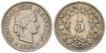 Швейцария 5 раппенов 1884 B KM 26 медно-никель 4158-456