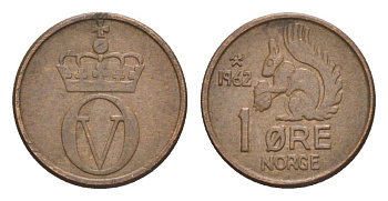 Норвегия 1 эре 1962 Улаф V (1957-1991) KM 403 бронза 4632-1114