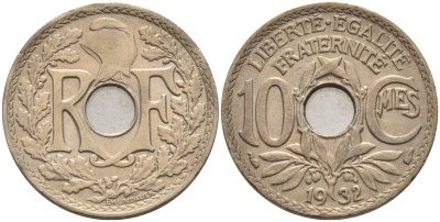 Франция 10 сантимов 1932 тип Линдайё KM 866а медно-никель 4116-456