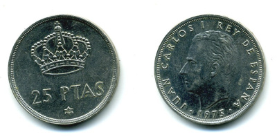 Испания 25 песет 1975 (80) Хуан Карлос I (1975-2014) KM 808 медно-никель 51-4842