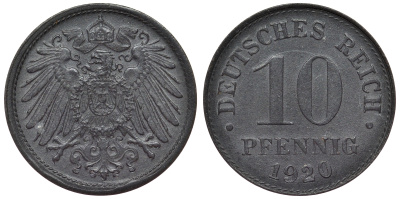 Германия 10 пфеннигов 1920 KM 26, J. 299, Weege 8 цинк 4119-256