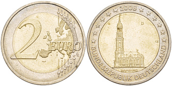 ФРГ 2 евро 2008 D, серия федеральные земли, церковь Св. Михаила в Гамбурге KM 261 биметалл 4543-446