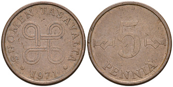ФИНЛЯНДИЯ 5 ПЕННИ 1971 KM 45 медь 4528-119