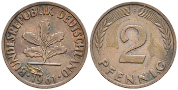 ФРГ 2 пфеннига 1961 F KM 106, J. 381 бронза 4577-415