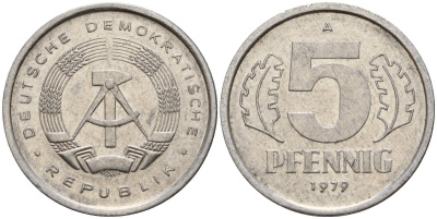 ГДР 5 пфеннигов 1979 A KM 9.2 алюминий 218-1167