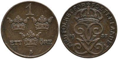 Швеция 1 эре 1933 Густав V (1907-1950) KM 777.2 бронза 201-1131
