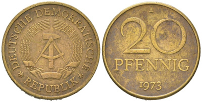 ГДР 20 пфеннигов 1973 A, редкий год KM 11 латунь 4573-621