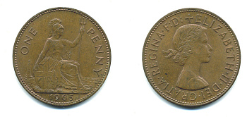 Великобритания 1 пенни 1965 Елизавета II (1952-2022) КМ 897, Spink 4157 бронза 4383-736