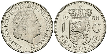 Нидерланды 1 гульден 1968 Юлиана (1948-1980) KM 184a никель UNC 4579-522