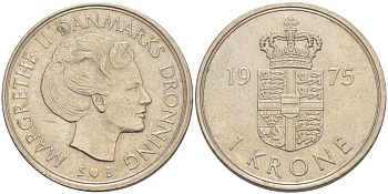 Дания 1 крона 1975 S; B, Маргрете II (1972-) KM 862.1 медно-никель 4388-152