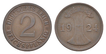 Германия 2 рейхспфеннига 1924 J KM 38, J. 314 бронза 4644-1059