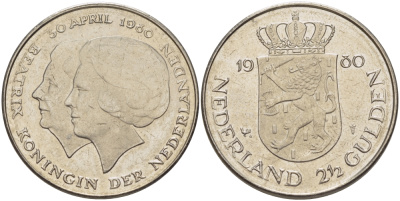 Нидерланды 2 1/2 гульдена 1980 коронация Беатрикс, 30 апреля 1980 KM 201 никель 38-131