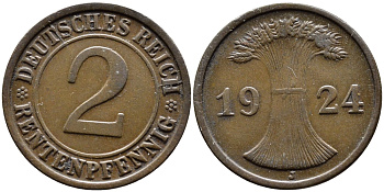 ГЕРМАНИЯ 2 РЕНТЕНПФЕННИГА 1924 J KM 31, J.307 бронза 4387-1137
