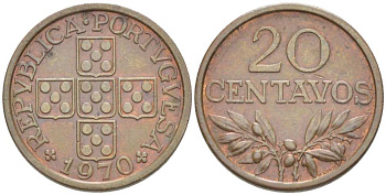ПОРТУГАЛИЯ 20 СЕНТАВО 1970 KM 595 бронза XF 4516-358