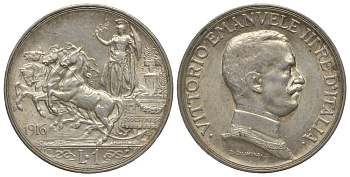 Италия 1 лира 1916 R, Виктор Эммануил III KM 57 серебро aUNC 00-811-25