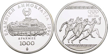 ГРЕЦИЯ 1000 ДРАХМ 1996 ОЛИМПИЙСКИЕ ИГРЫ В АФИНАХ, БЕГ KM 165 серебро PROOF 1078-1-42