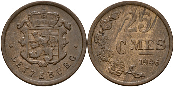 Люксембург 25 сантимов 1946 Шарлотта (1918-1964) KM 45 бронза 4597-1137
