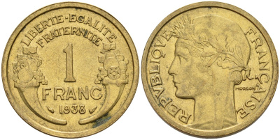 Франция 1 франк 1938 KM 885, Le Franc 219.2 алюминиевая бронза 4142-854