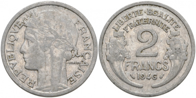 ФРАНЦИЯ 2 ФРАНКА 1946 KM 886а.1 алюминий 3855-643