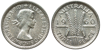 Австралия 3 пенса 1960 m, Елизавета II (1953-) KM 57 серебро 71-656