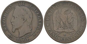 Франция 5 сантимов 1861 BB, Наполеон III (1852-1870) KM 797.2 бронза 4579-845