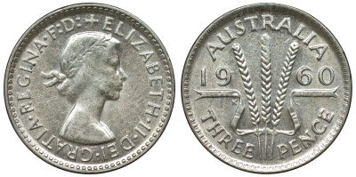 Австралия 3 пенса 1960 m, Елизавета II (1953-) KM 57 серебро 71-656