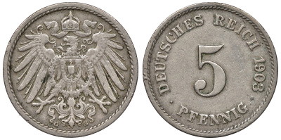 Германия 5 пфеннигов 1903 G KM 11, J. 12 медно-никель 1531-215