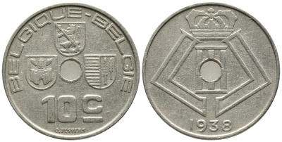 БЕЛЬГИЯ 10 САНТИМОВ 1938 BELGIQUE-BELGIE KM 112 никель латунь 24-1145