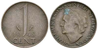 Нидерланды 1 цент 1948 Вильгельмина (1890-1948), год тип KM 175 бронза 61-1153
