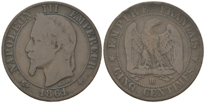 Франция 5 сантимов 1861 BB, Наполеон III (1852-1870) KM 797.2 бронза 4579-845
