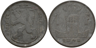 Бельгия 1 франк 1946 Belgie - Belgique, Леопольд III (1934-1947), германская оккупация, Вторая мировая война KM 128 цинк 4161-621