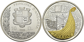 Андорра 10 динеров 2008 серия викинги, корабль Драккар, позолота KM 272 серебро  PROOF  11-147-13