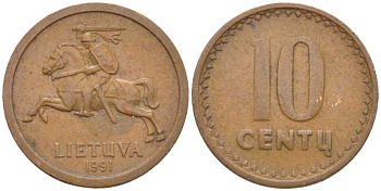 ЛИТВА 10 ЦЕНТОВ 1991 KM 88 бронза 116-135