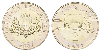 Латвия 2 лата 2003 корова KM 38 биметалл BU 4678-331