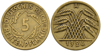 Германия 5 рентенпфеннигов 1924 A KM 32, J. 308 алюминиевая бронза 4151-652