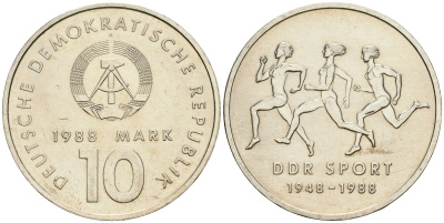 ГДР 10 марок 1988 A, 40 лет союзу физкультуры и спорта ГДР KM 125, J. 1623 медно-никель UNC 633-113