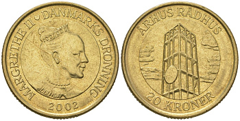 Дания 20 крон 2002 серия башни и ратуши, городская ратуша Орхуса KM 889 алюминиевая бронза UNC 34-711